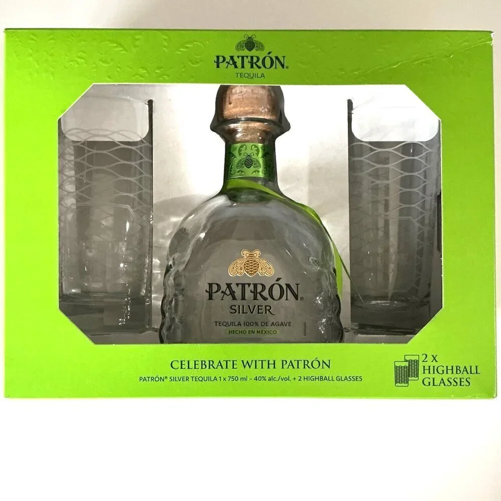 PATRON TEQUILA BOTTLE WITH BAR GLASSES SET NEW BOTTLE DESIGN EMPTY BOTTLE